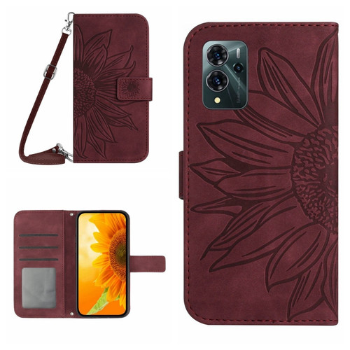 ZTE Blade V40 Pro Skin Feel Sun Flower Pattern Flip Leather Phone Case with Lanyard - Wine Red