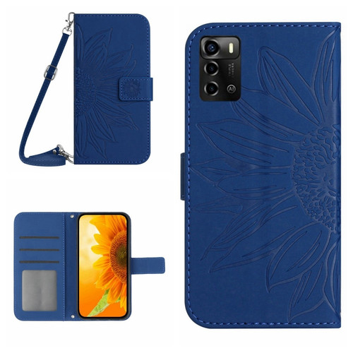 ZTE Blade V40 Vita / A72 Skin Feel Sun Flower Pattern Flip Leather Phone Case with Lanyard - Dark Blue