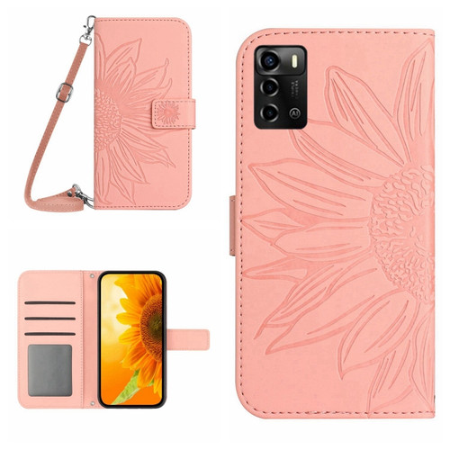 ZTE Blade V40 Vita / A72 Skin Feel Sun Flower Pattern Flip Leather Phone Case with Lanyard - Pink