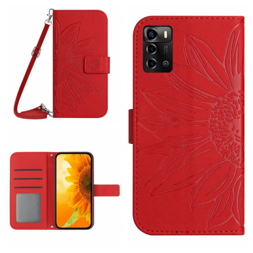 ZTE Blade V40 Vita / A72 Skin Feel Sun Flower Pattern Flip Leather Phone Case with Lanyard - Red