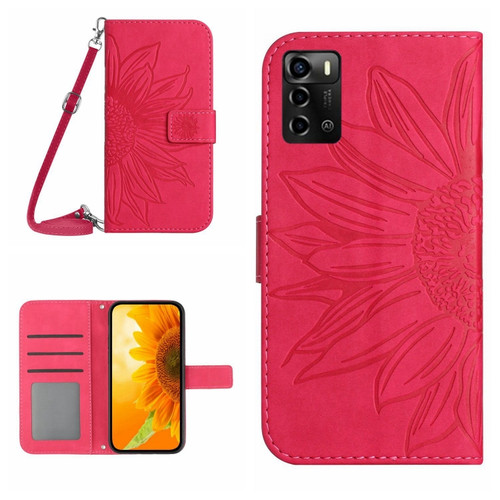 ZTE Blade V40 Vita / A72 Skin Feel Sun Flower Pattern Flip Leather Phone Case with Lanyard - Rose Red