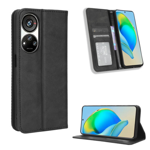 ZTE Blade V40s Magnetic Buckle Retro Texture Leather Phone Case - Black