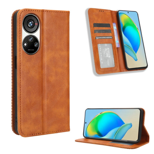 ZTE Blade V40s Magnetic Buckle Retro Texture Leather Phone Case - Brown