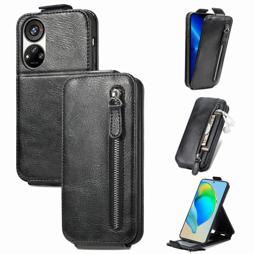 ZTE Blade V40s Zipper Wallet Vertical Flip Leather Phone Case - Black