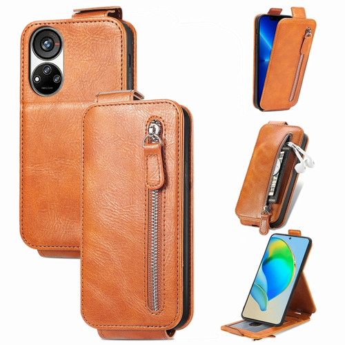 ZTE Blade V40s Zipper Wallet Vertical Flip Leather Phone Case - Brown
