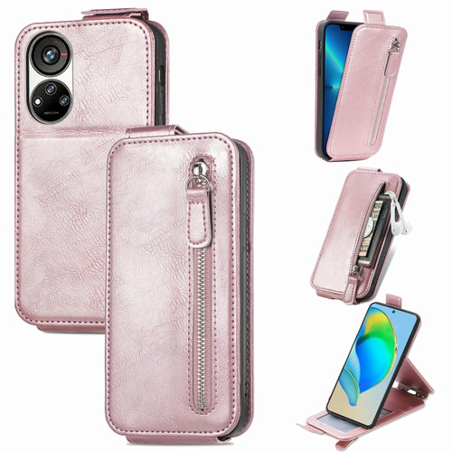 ZTE Blade V40s Zipper Wallet Vertical Flip Leather Phone Case - Rose Gold