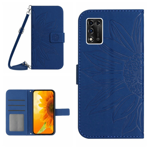 ZTE Libero 5G II A103ZT Japan Edition Skin Feel Sun Flower Pattern Flip Leather Phone Case with Lanyard - Dark Blue