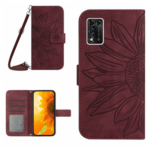 ZTE Libero 5G II A103ZT Japan Edition Skin Feel Sun Flower Pattern Flip Leather Phone Case with Lanyard - Wine Red