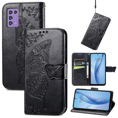 ZTE Libero 5G III Butterfly Love Flower Embossed Leather Phone Case - Black