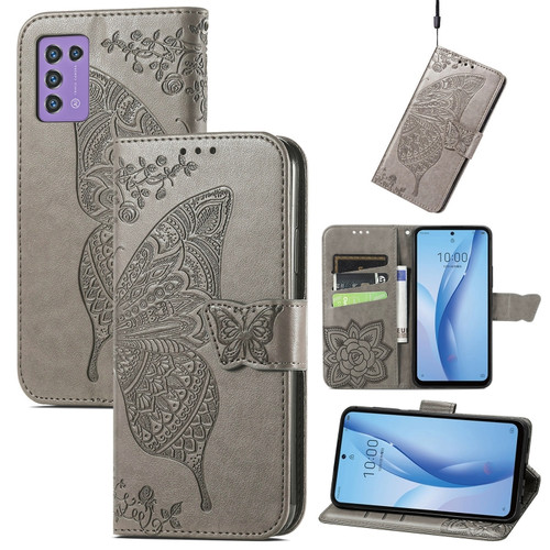 ZTE Libero 5G III Butterfly Love Flower Embossed Leather Phone Case - Gray