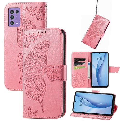 ZTE Libero 5G III Butterfly Love Flower Embossed Leather Phone Case - Pink