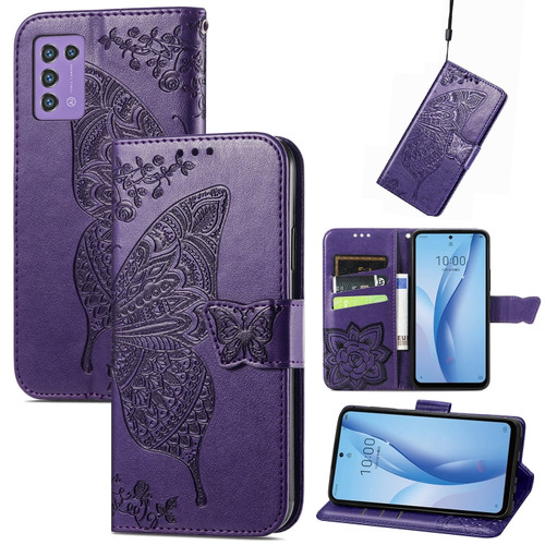 ZTE Libero 5G III Butterfly Love Flower Embossed Leather Phone Case - Purple