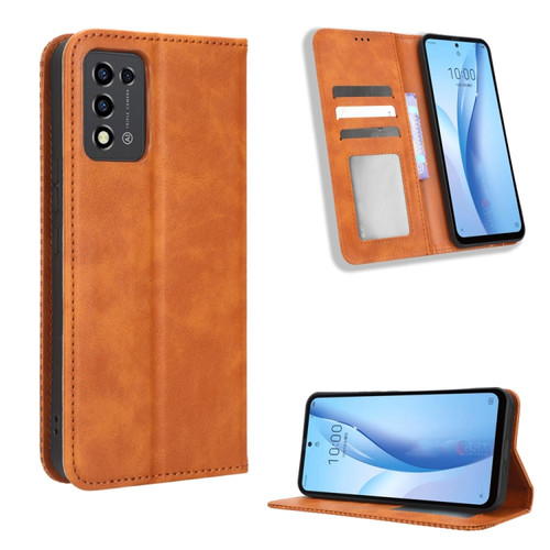 ZTE Libero 5G III Magnetic Buckle Retro Texture Leather Phone Case - Brown