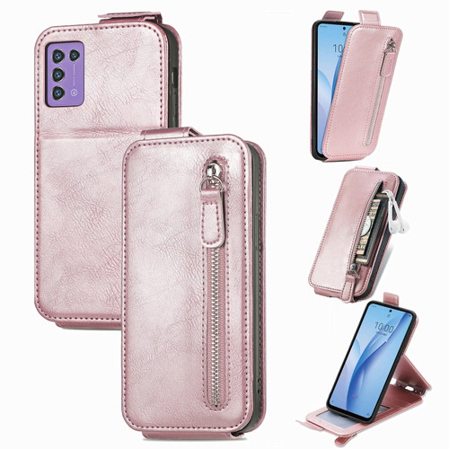 ZTE Libero 5G III Zipper Wallet Vertical Flip Leather Phone Case - Rose Gold