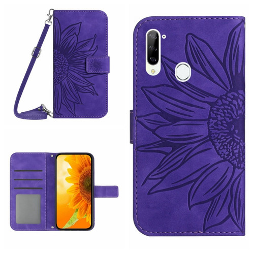 ZTE Libero 5G Skin Feel Sun Flower Pattern Flip Leather Phone Case with Lanyard - Dark Purple