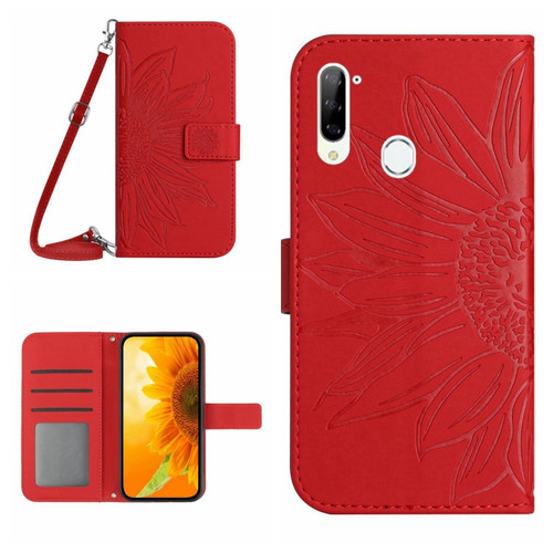 ZTE Libero 5G Skin Feel Sun Flower Pattern Flip Leather Phone Case with Lanyard - Red