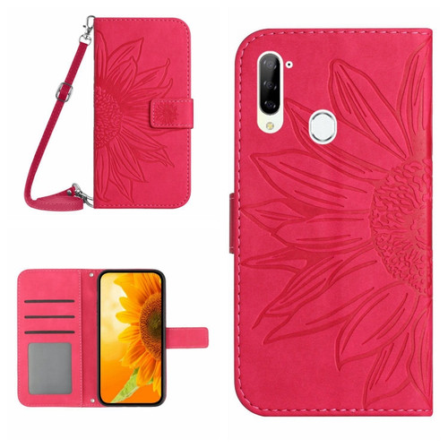 ZTE Libero 5G Skin Feel Sun Flower Pattern Flip Leather Phone Case with Lanyard - Rose Red