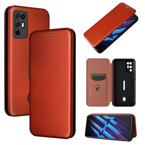 ZTE Nubia Red Magic 6R Carbon Fiber Texture Horizontal Flip TPU + PC + PU Leather Case with Card Slot - Brown