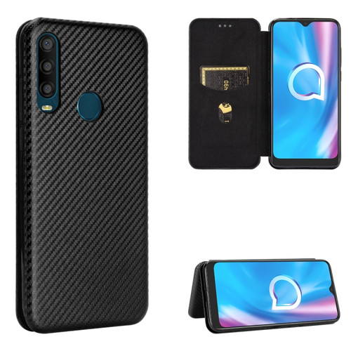 Alcatel 1SE 2020 Carbon Fiber Texture Horizontal Flip TPU + PC + PU Leather Case with Card Slot - Black