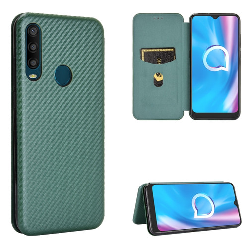 Alcatel 1SE 2020 Carbon Fiber Texture Horizontal Flip TPU + PC + PU Leather Case with Card Slot - Green