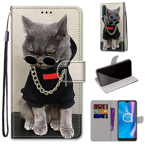 Alcatel 1SE - 2020 Coloured Drawing Cross Texture Horizontal Flip PU Leather Case with Holder & Card Slots & Wallet & Lanyard - Golden Chain Grey Cat