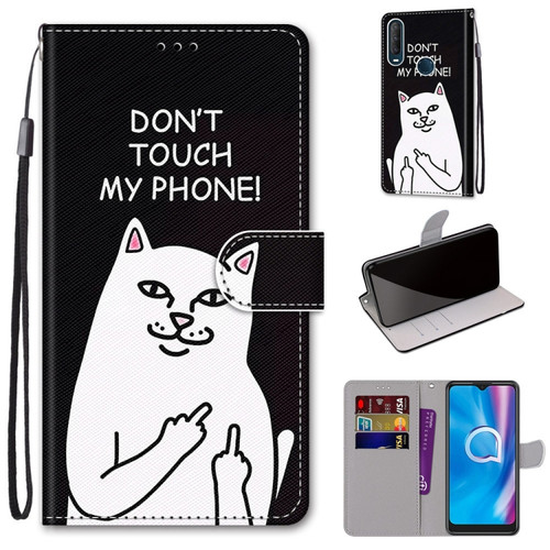 Alcatel 1SE - 2020 Coloured Drawing Cross Texture Horizontal Flip PU Leather Case with Holder & Card Slots & Wallet & Lanyard - Middle Finger White Cat