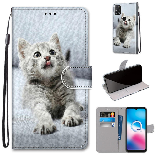 Alcatel 3X 2020 Coloured Drawing Cross Texture Horizontal Flip PU Leather Case with Holder & Card Slots & Wallet & Lanyard - Small Gray Cat