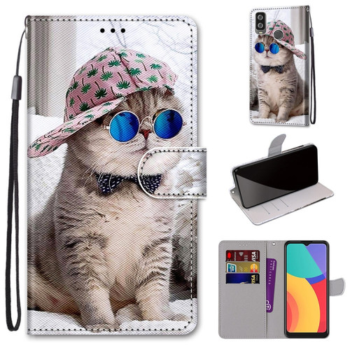 Alcatel 1L - 2021 Coloured Drawing Cross Texture Horizontal Flip PU Leather Case with Holder & Card Slots & Wallet & Lanyard - Slant Hat Blue Mirror Cat