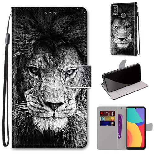 Alcatel 1L - 2021 Coloured Drawing Cross Texture Horizontal Flip PU Leather Case with Holder & Card Slots & Wallet & Lanyard - Black White Lion Head