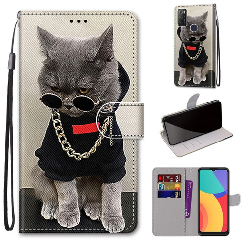 Alcatel 1S - 2021 Coloured Drawing Cross Texture Horizontal Flip PU Leather Case with Holder & Card Slots & Wallet & Lanyard - Golden Chain Grey Cat