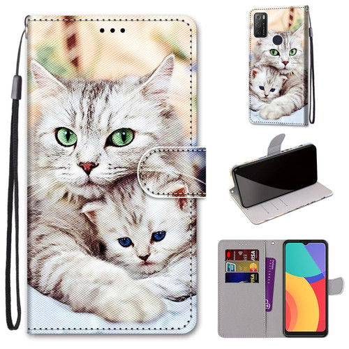 Alcatel 1S - 2021 Coloured Drawing Cross Texture Horizontal Flip PU Leather Case with Holder & Card Slots & Wallet & Lanyard - Big Cat Holding Kitten