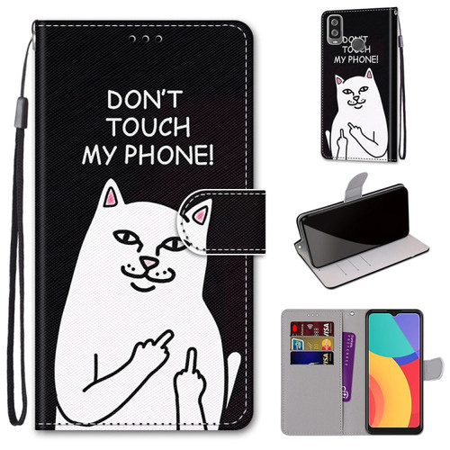 Alcatel 1L - 2021 Coloured Drawing Cross Texture Horizontal Flip PU Leather Case with Holder & Card Slots & Wallet & Lanyard - Middle Finger White Cat