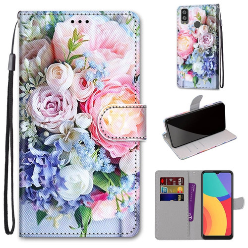 Alcatel 1L - 2021 Coloured Drawing Cross Texture Horizontal Flip PU Leather Case with Holder & Card Slots & Wallet & Lanyard - Light Pink Bouquet