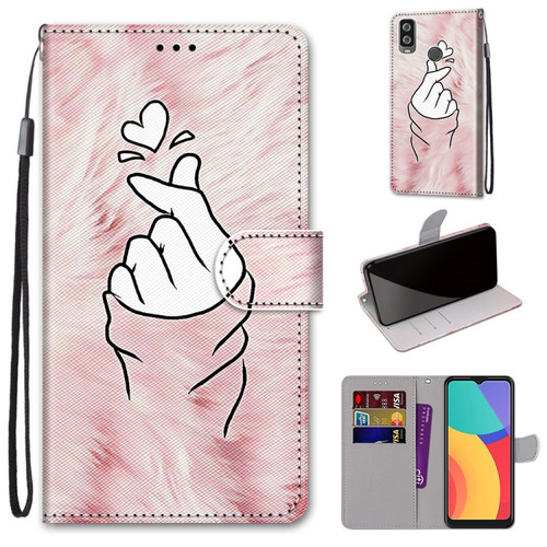 Alcatel 1L - 2021 Coloured Drawing Cross Texture Horizontal Flip PU Leather Case with Holder & Card Slots & Wallet & Lanyard - Pink Hands Heart