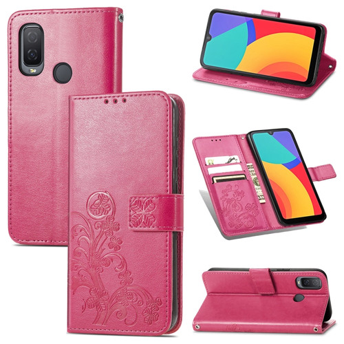 Alcatel 1L 2021 Four-leaf Clasp Embossed Buckle Mobile Phone Protection Leather Case with Lanyard & Card Slot & Wallet & Bracket Function - Magenta