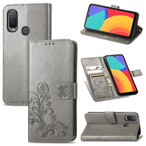 Alcatel 1L 2021 Four-leaf Clasp Embossed Buckle Mobile Phone Protection Leather Case with Lanyard & Card Slot & Wallet & Bracket Function - Gray
