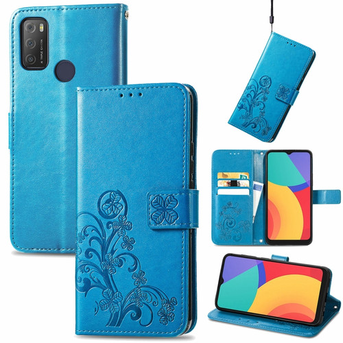 Alcatel 1S 2021 Four-leaf Clasp Embossed Buckle Mobile Phone Protection Leather Case with Lanyard & Card Slot & Wallet & Bracket Function - Blue