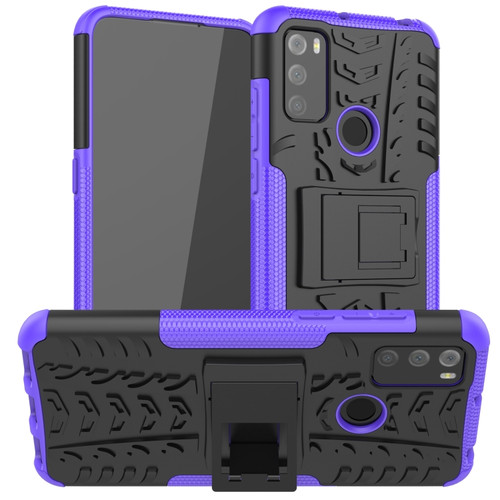 Alcatel 3L - 2021 Tire Texture Shockproof TPU+PC Protective Case with Holder - Purple