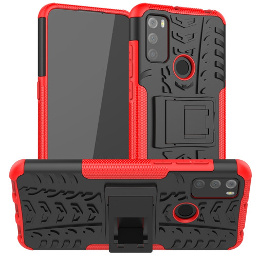 Alcatel 3L - 2021 Tire Texture Shockproof TPU+PC Protective Case with Holder - Red