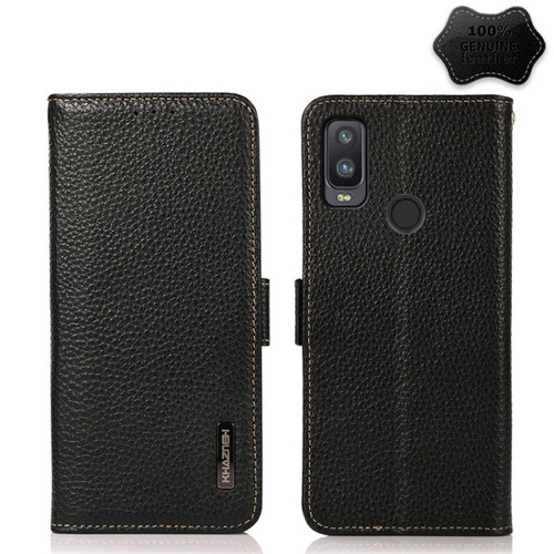 Alcatel 1L 2021 KHAZNEH Side-Magnetic Litchi Genuine Leather RFID Phone Case - Black