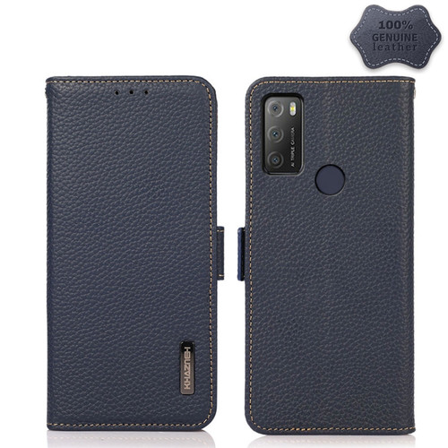 Alcatel 1S 2021 KHAZNEH Side-Magnetic Litchi Genuine Leather RFID Phone Case - Blue