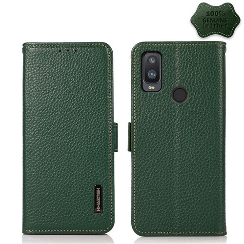 Alcatel 1L 2021 KHAZNEH Side-Magnetic Litchi Genuine Leather RFID Phone Case - Green