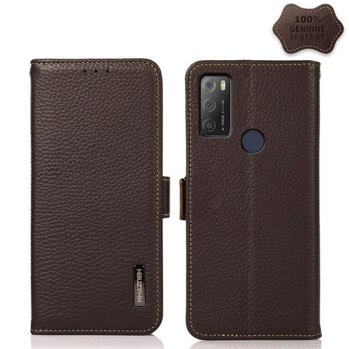 Alcatel 1S 2021 KHAZNEH Side-Magnetic Litchi Genuine Leather RFID Phone Case - Brown