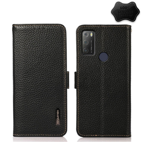 Alcatel 1S 2021 KHAZNEH Side-Magnetic Litchi Genuine Leather RFID Phone Case - Black