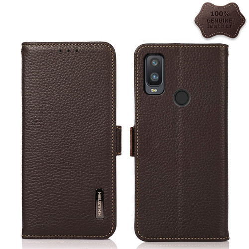 Alcatel 1L 2021 KHAZNEH Side-Magnetic Litchi Genuine Leather RFID Phone Case - Brown