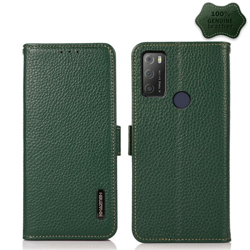 Alcatel 1S 2021 KHAZNEH Side-Magnetic Litchi Genuine Leather RFID Phone Case - Green
