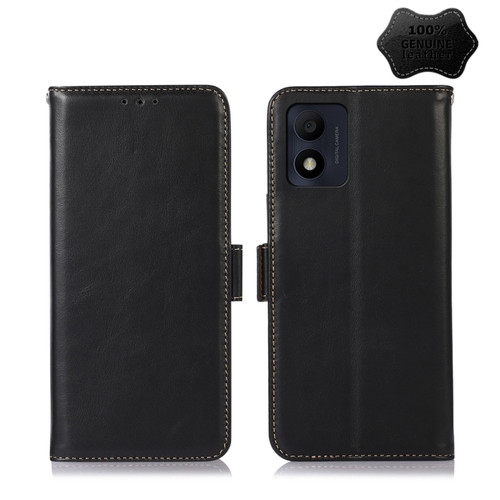 Alcatel 1B 2022 Crazy Horse Top Layer Cowhide Leather Phone Case - Black