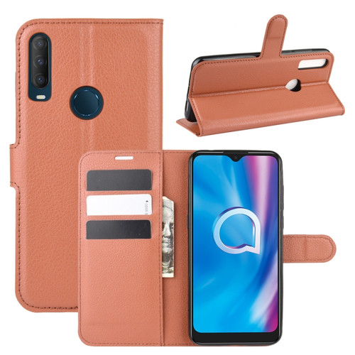 alcatel 1S - 2020 Litchi Texture Horizontal Flip Protective Case with Holder & Card Slots & Wallet - Brown