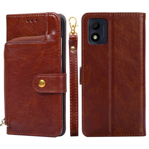 alcatel 1B 2022 Zipper Bag Leather Phone Case - Brown