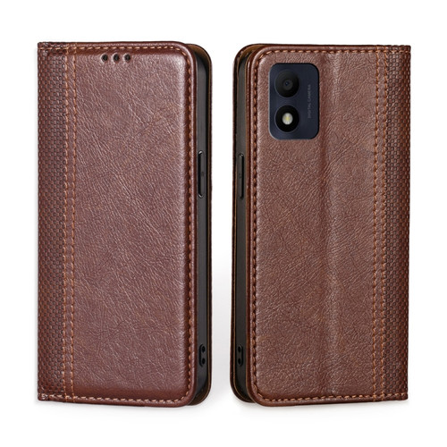 Alcatel 1B 2022 Grid Texture Magnetic Flip Leather Phone Case - Brown